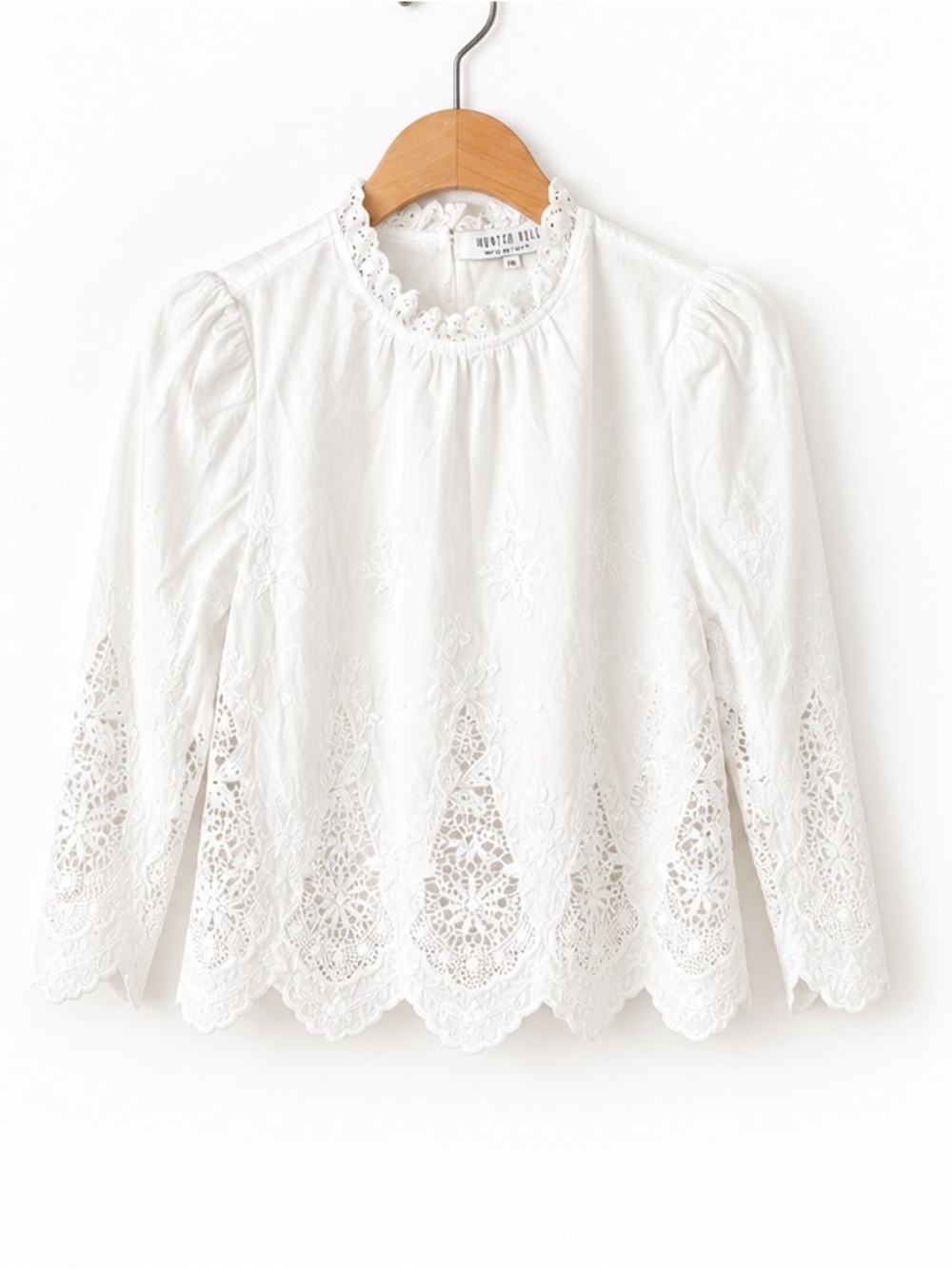 HUNTER BELL White Embroidered Boho Ruffle Collar 3/4 Puff Sleeve Flowy Blouse XS - Picture 4 of 9